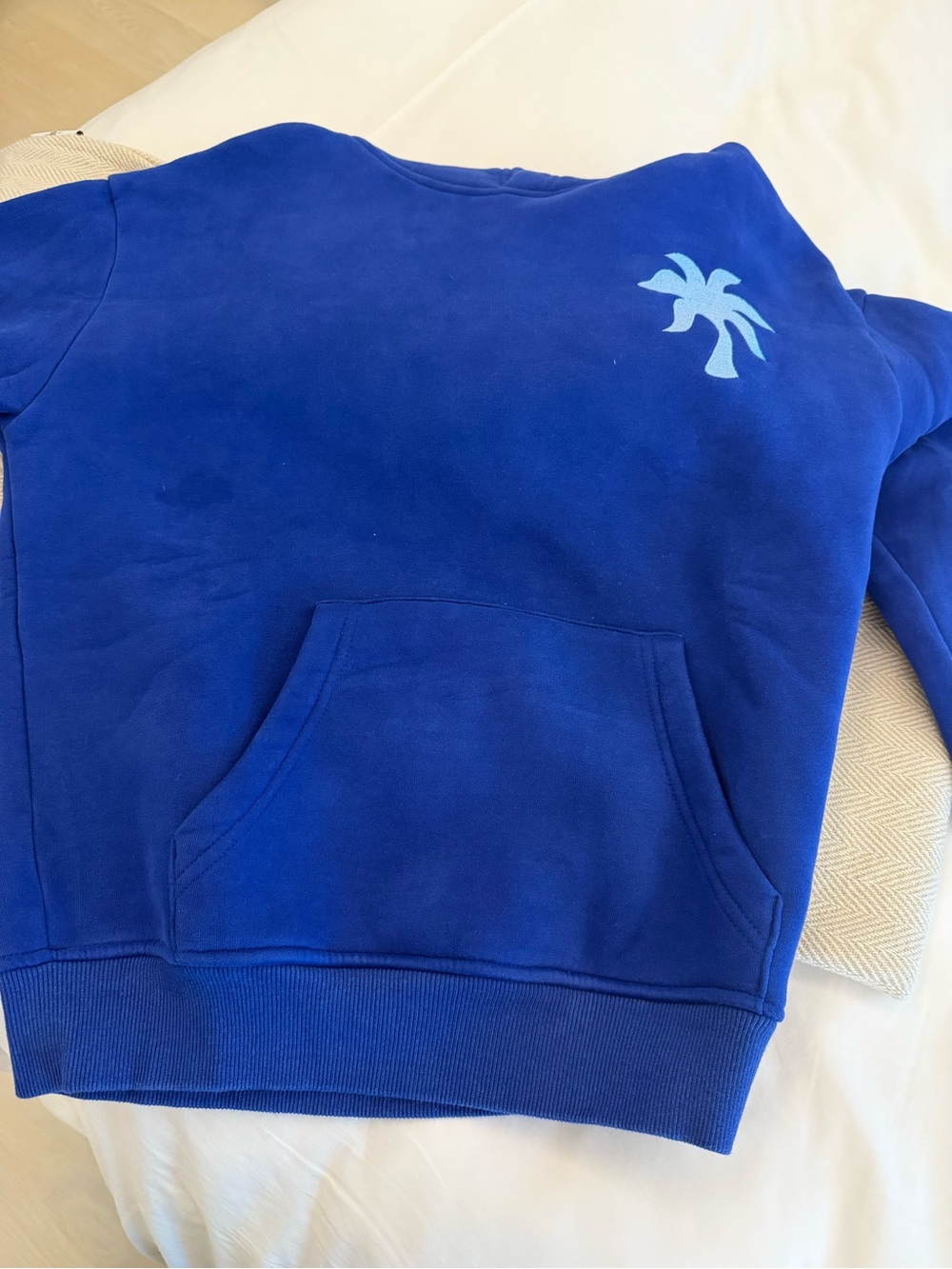 Womans Blue Pullover Sweatshirt with Palm Tree Graphic